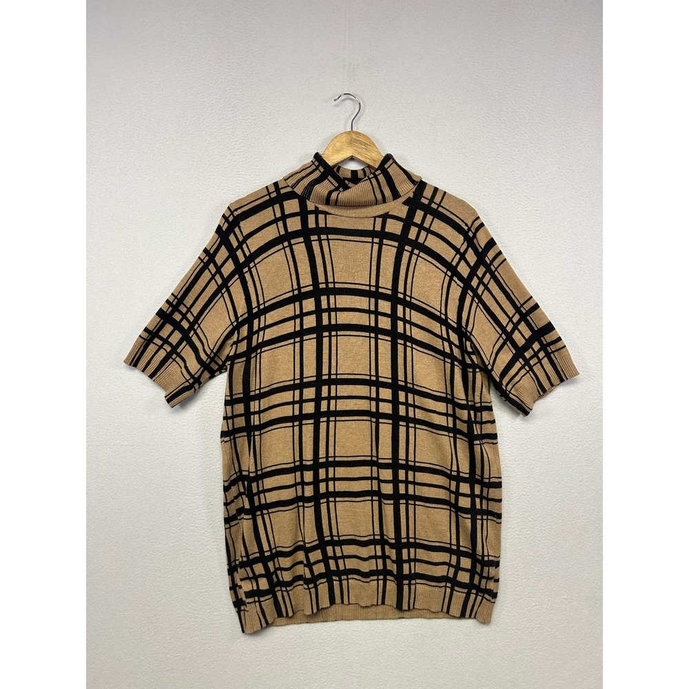 Dark Academia Lane Bryant Womens 18/20 Tan Black Plaid Mock Neck Keyhole Sweater